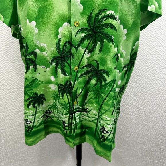 Vintage Mens Hawaiian print Shirt Island Palm Trees Bright Green Black 2XL - Picture 2 of 7
